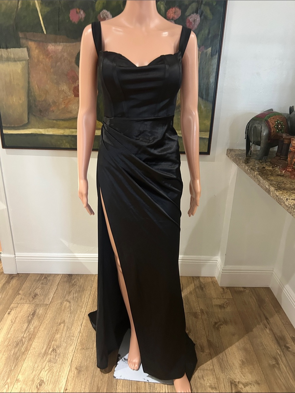 NWT Love & Lemonade Black Satin Gown - Classic Long Dress with subtle train
